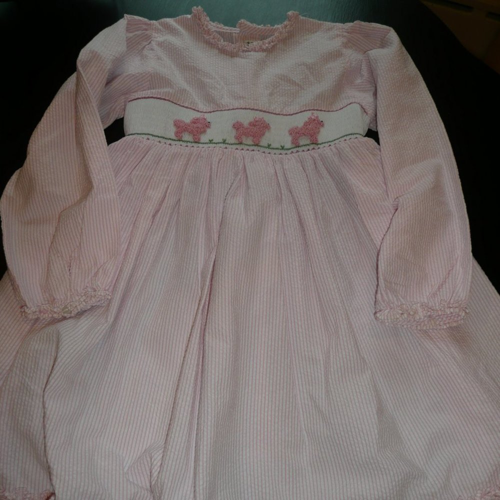 Vintage Smocked Pink Stripe Poodles Sheersucker Girl Size 7 Dress by Royal Child